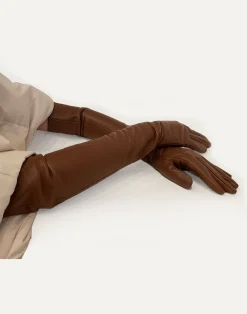Cynthia Rowley Bea Long Leather Gloves Brown New
