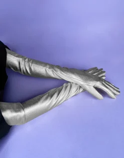 Cynthia Rowley Bea Long Metallic Leather Gloves Metallic Silver Hot