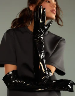Cynthia Rowley Bea Long Patent Leather Gloves BLACK Discount