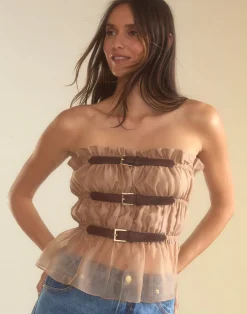 Cynthia Rowley Buckle Up Silk Organza Top CAMEL Sale