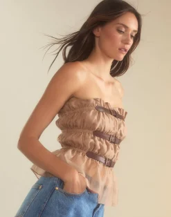 Cynthia Rowley Buckle Up Silk Organza Top CAMEL Sale