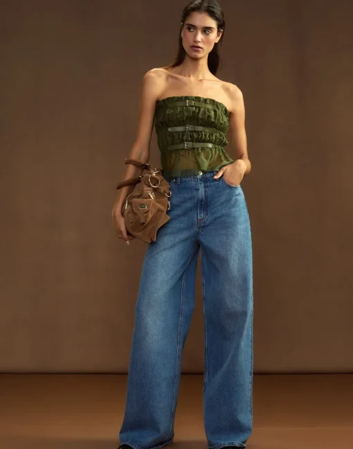 Cynthia Rowley Buckle Up Silk Organza Top DRKGR Sale