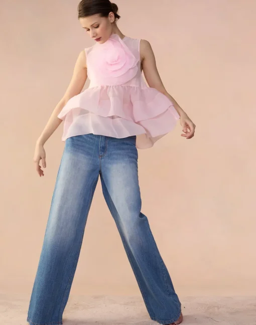 Cynthia Rowley Chloe Organza Flower Top PINK Discount