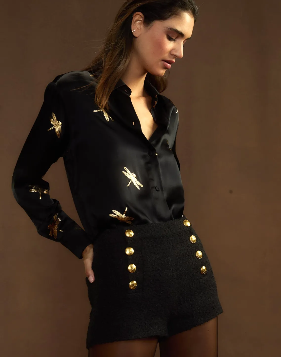 Cynthia Rowley Collectible Silk Shirt BLKGLD Hot