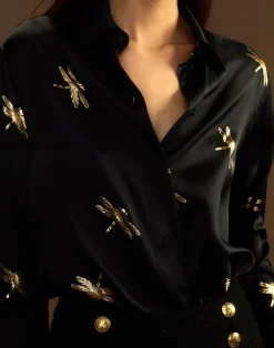 Cynthia Rowley Collectible Silk Shirt BLKGLD Hot