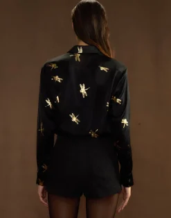 Cynthia Rowley Collectible Silk Shirt BLKGLD Hot