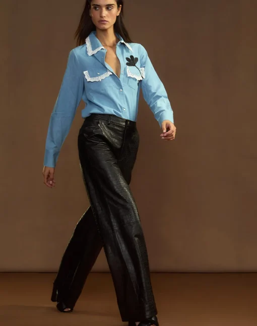 Cynthia Rowley Embossed Leather Pants BLACK Fashion