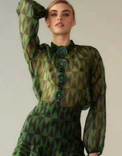 Cynthia Rowley Evergreen Silk Organza Shirt BLKGRN Discount