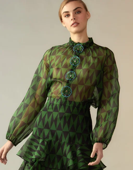 Cynthia Rowley Evergreen Silk Organza Shirt BLKGRN Discount