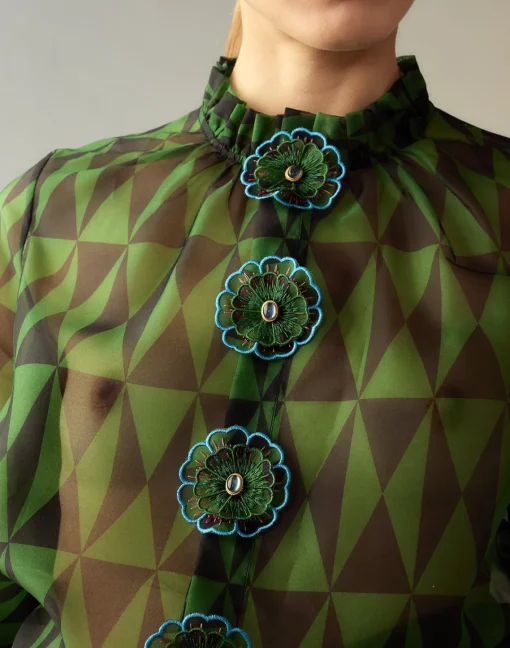 Cynthia Rowley Evergreen Silk Organza Shirt BLKGRN Discount
