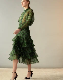 Cynthia Rowley Evergreen Silk Organza Skirt BLKGRN Clearance