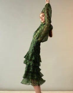 Cynthia Rowley Evergreen Silk Organza Skirt BLKGRN Clearance