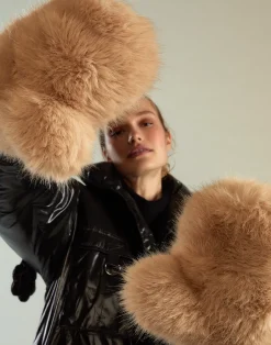 Cynthia Rowley Faux Fur Oversized Mittens CAMEL Discount