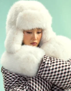 Cynthia Rowley Faux Fur Oversized Mittens IVORY Clearance