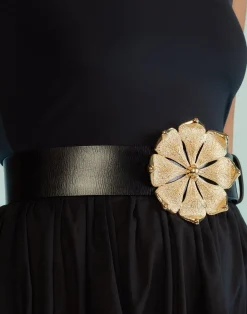 Cynthia Rowley Gold Flower Buckle Belt BLACK Best