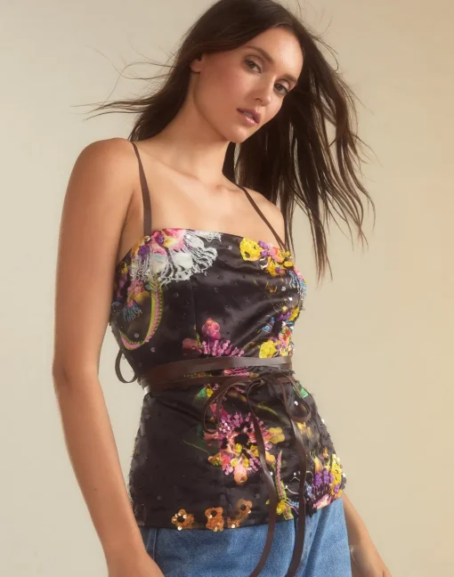 Cynthia Rowley Kaia Tie Top BLKFL Outlet