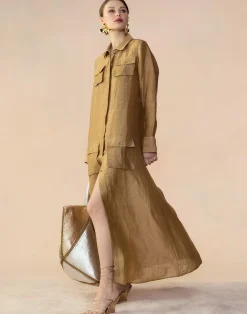 Cynthia Rowley Lagos Silk Linen Shirt Dress CAMEL Clearance