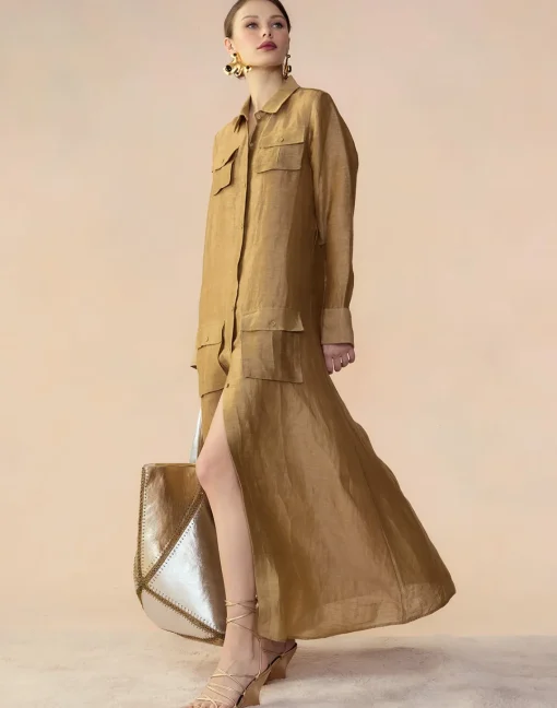 Cynthia Rowley Lagos Silk Linen Shirt Dress CAMEL Clearance