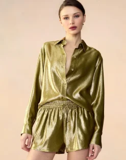 Cynthia Rowley Liquid Gold Lamé Shirt GREEN Hot
