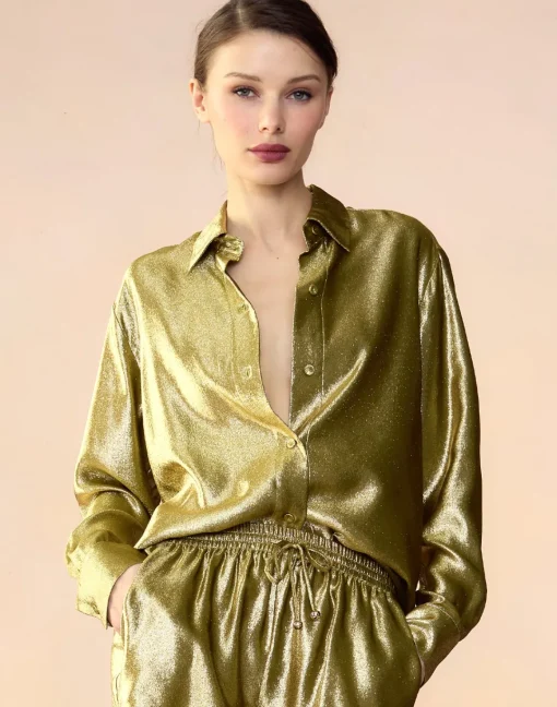 Cynthia Rowley Liquid Gold Lamé Shirt GREEN Hot