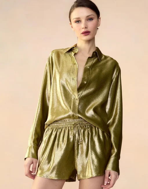 Cynthia Rowley Liquid Gold Lamé Shorts GREEN Sale