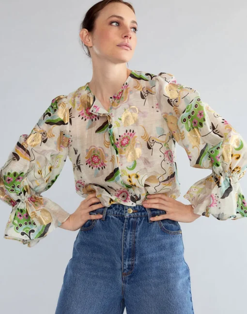 Cynthia Rowley Love Locket Silk Linen Blouse WHTML Sale