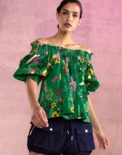 Cynthia Rowley Malta Off Shoulder Blouse GRNFL New
