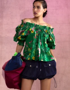 Cynthia Rowley Malta Off Shoulder Blouse GRNFL New