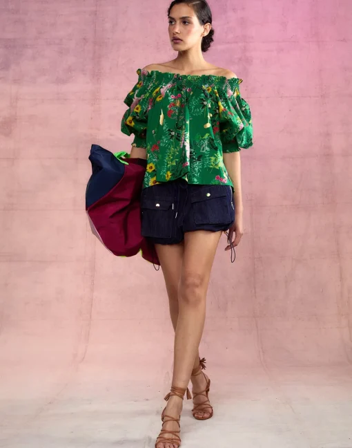 Cynthia Rowley Malta Off Shoulder Blouse GRNFL New