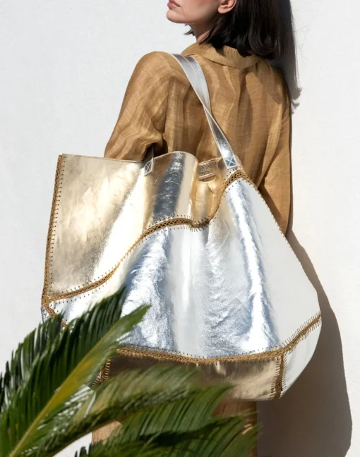 Cynthia Rowley Mixed Metallic Vegan Leather Oversized Tote GLDSV Hot