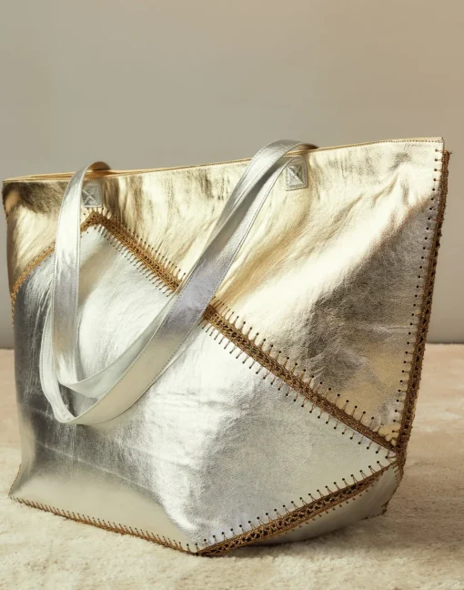 Cynthia Rowley Mixed Metallic Vegan Leather Oversized Tote GLDSV Hot