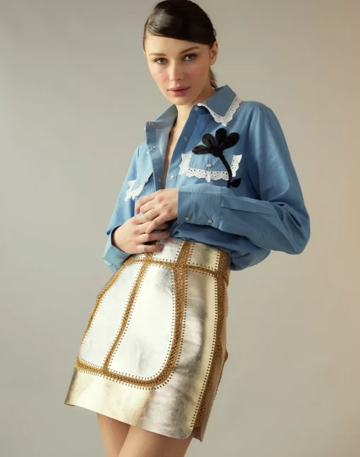 Cynthia Rowley Mixed Metallic Vegan Leather Skirt GLDSV New
