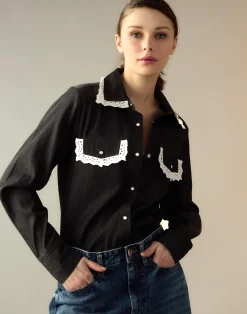 Cynthia Rowley Not My First Rodeo Denim Shirt BLACK New