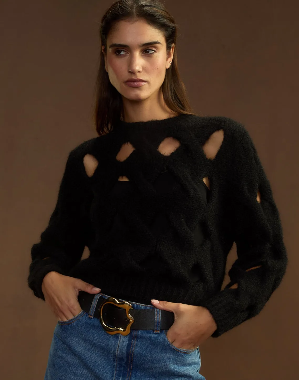 Cynthia Rowley Open Knit Sweater BLACK Fashion
