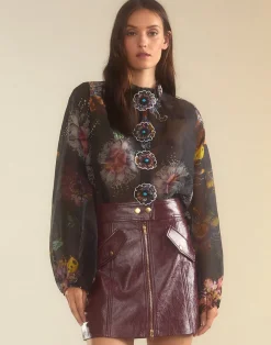 Cynthia Rowley Prim Silk Organza Blouse BLKFL Outlet