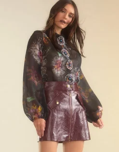 Cynthia Rowley Prim Silk Organza Blouse BLKFL Outlet