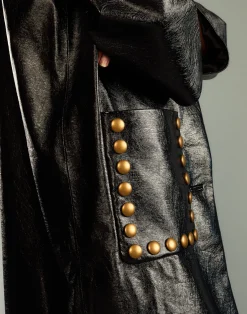 Cynthia Rowley Studded Vegan Leather Coat PATBLK Discount