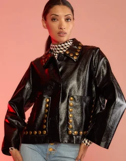 Cynthia Rowley Studded Vegan Leather Jacket BLACK Hot