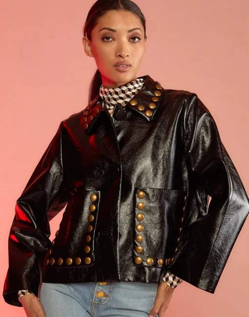 Cynthia Rowley Studded Vegan Leather Jacket BLACK Hot