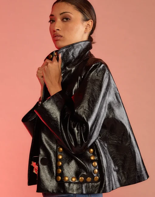 Cynthia Rowley Studded Vegan Leather Jacket BLACK Hot