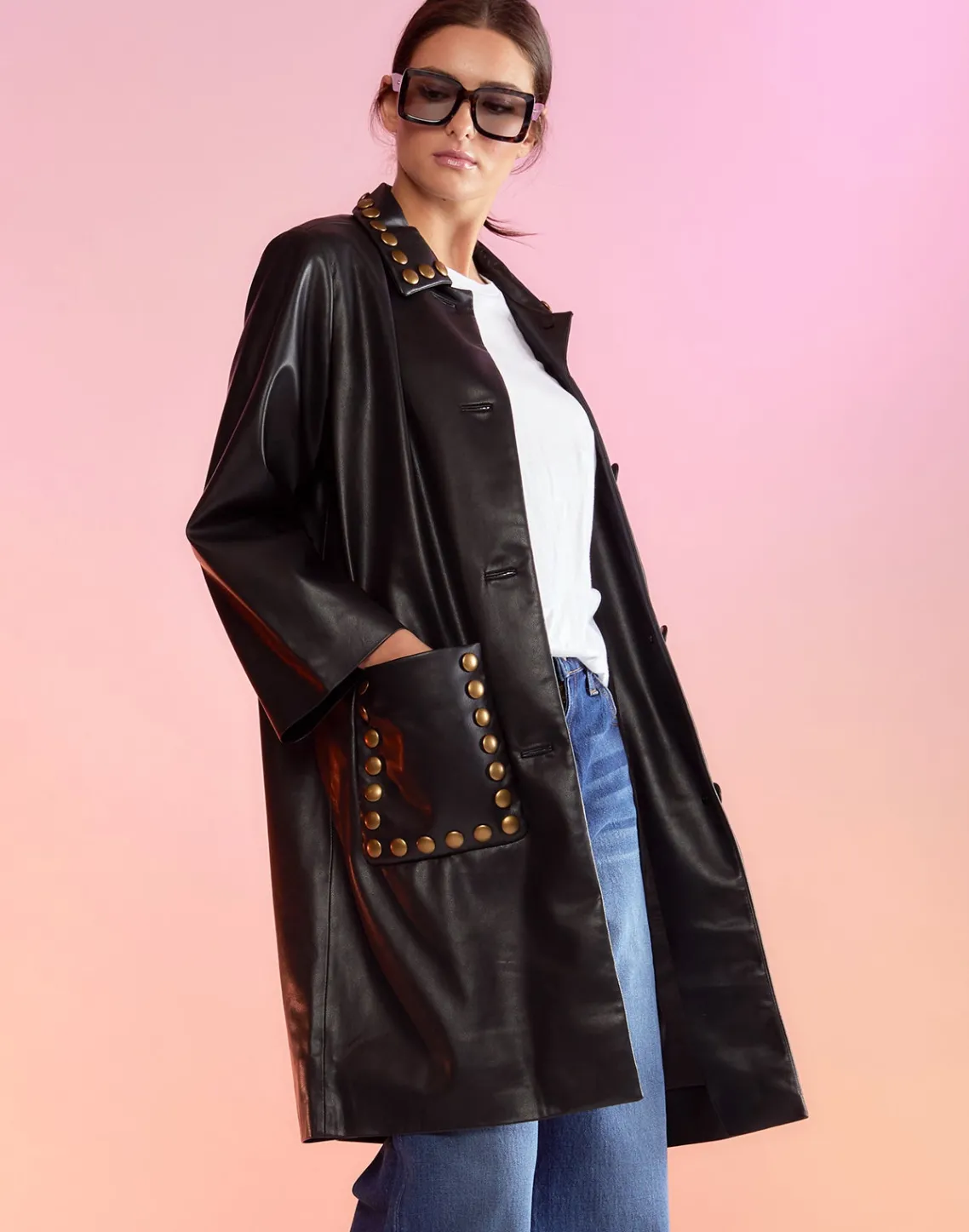 Cynthia Rowley Vegan Studded Leather Coat BLACK Best