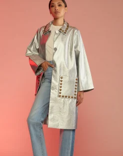 Cynthia Rowley Vegan Studded Leather Coat Silver Clearance